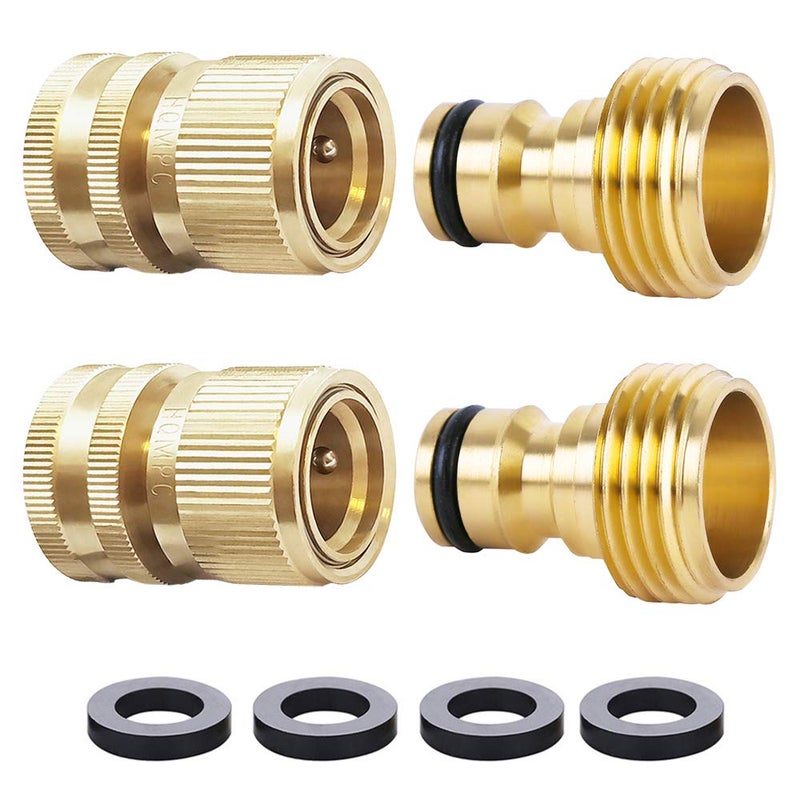 HQMPC Garden Hose Quick Connect Solid Brass Quick Connector Garden Hose Fitting Water Hose Connectors Garden Hose Disconnect 3/4 inch GHT (2Sets) (2Female+2Male) - Image 1